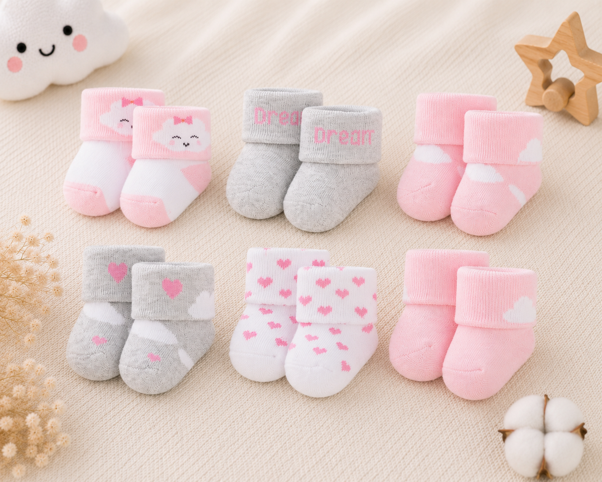 Baby Girl Socks 6-Pack – Pink Hearts & Clouds Set | 0-6M