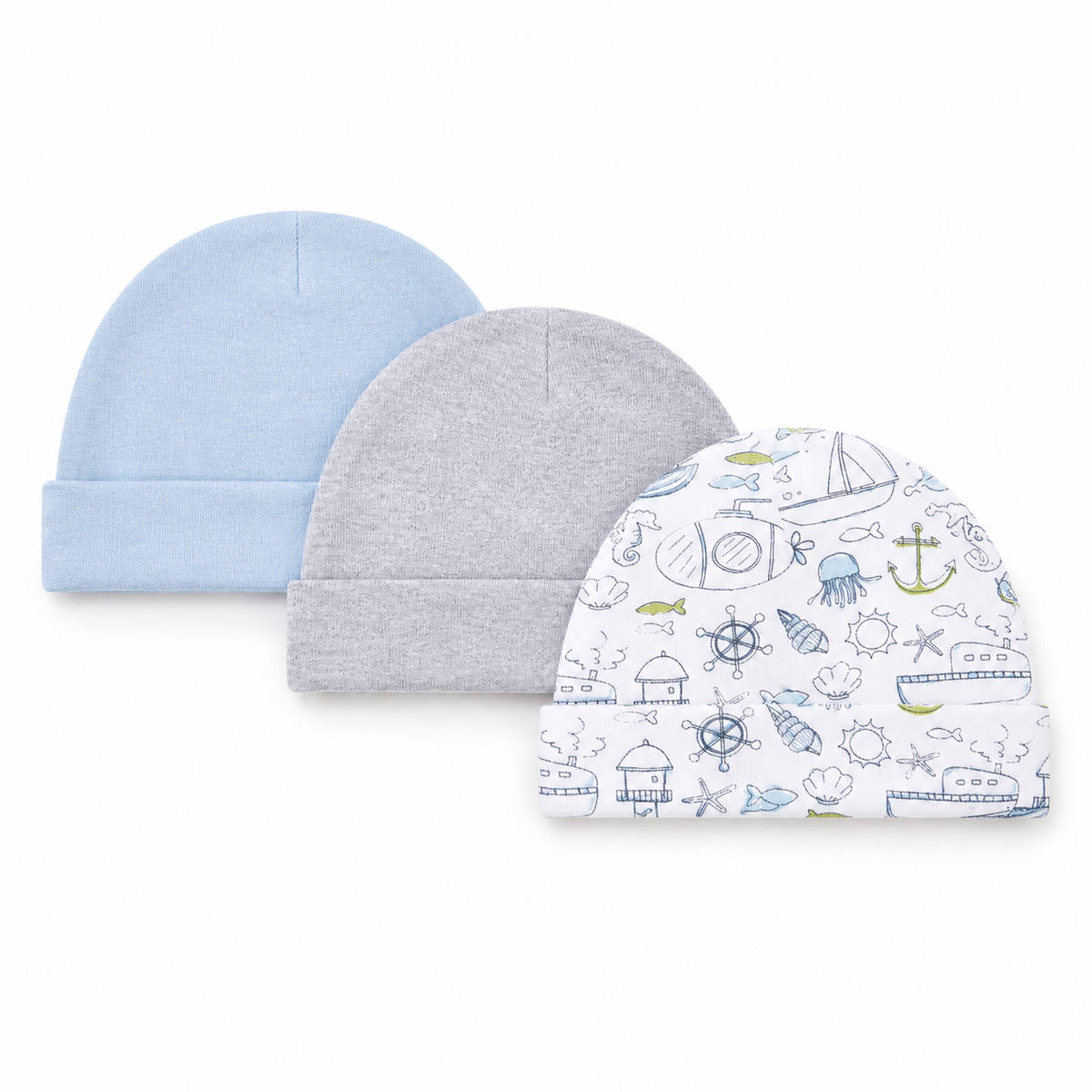 3-pack newborn baby boy beanie hat set in blue, gray, and nautical print