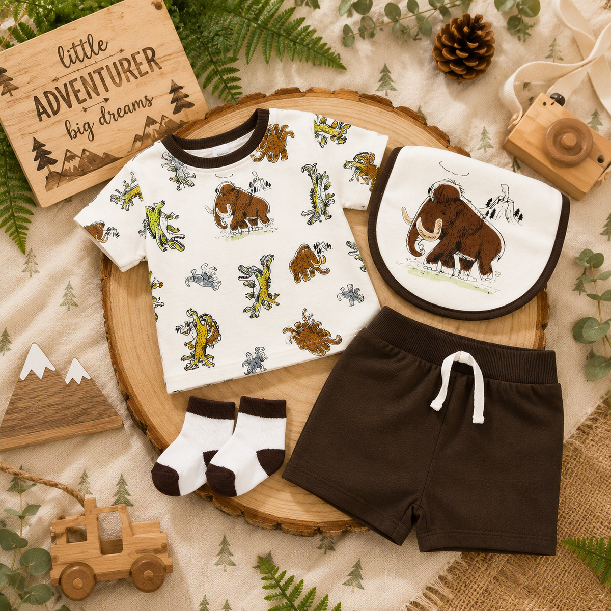 Baby Boy Little Adventurer Mammoth 4-Piece Outfit Set (T-Shirt, Shorts, Bib & Socks)