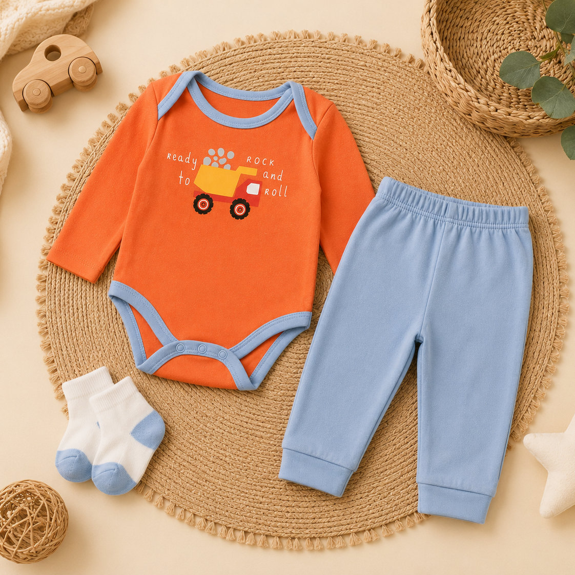 Baby outfit set with orange bodysuit, blue pants, and socks on a woven mat.
