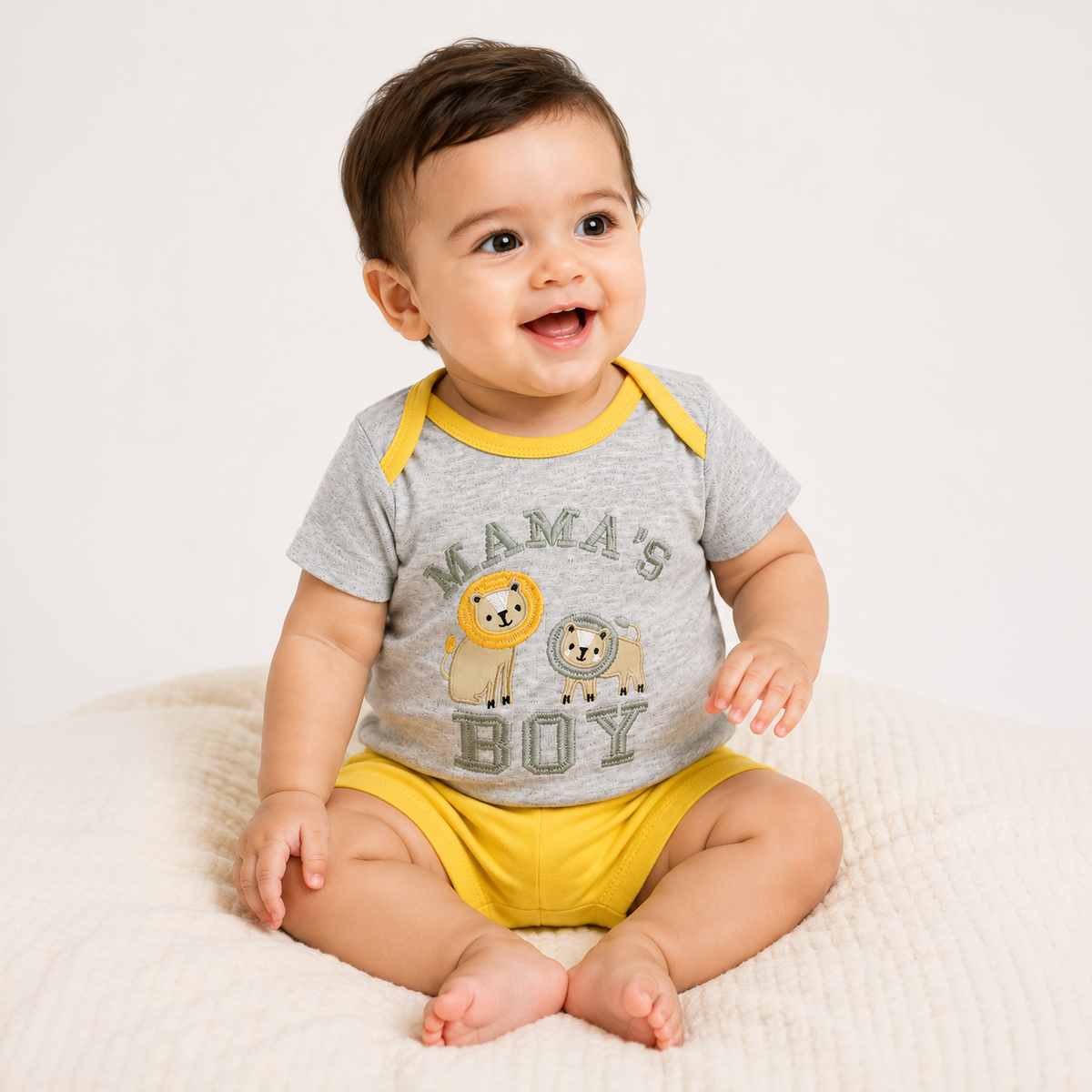 Baby Boys Mama's Boy Lion Duo Embroidered Appliqué Short-Sleeve Bodysuit & Yellow Shorts 2-Piece Set — Grey Marl/Yellow
