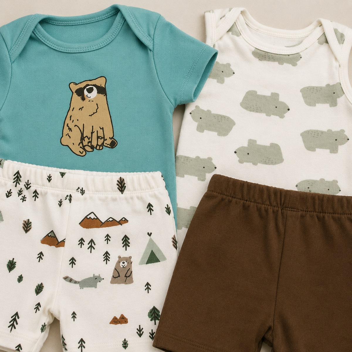 Baby Boy Woodland Bear 4-Piece Outfit Set (2 Bodysuits & 2 Shorts)