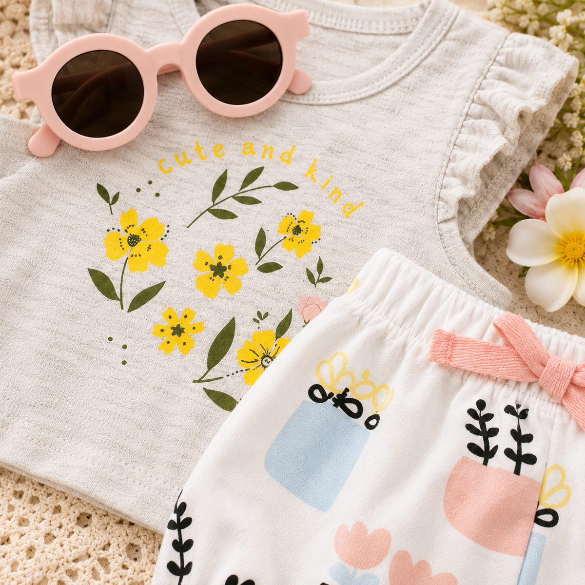 Baby Girl Cute and Kind Floral 2-Piece Outfit Set (Flutter Top & Bloomer Shorts)