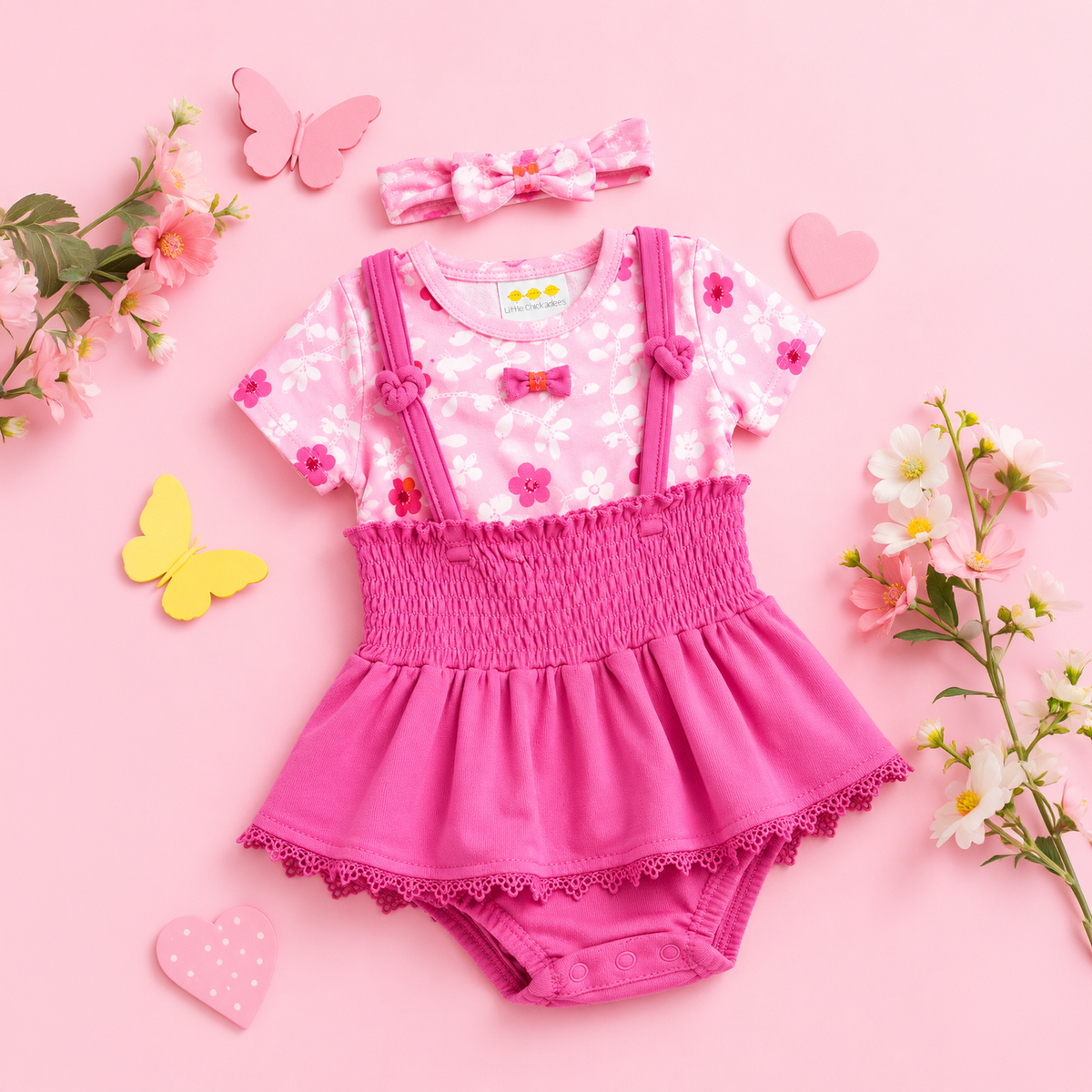 Baby Girls Pink Floral Bodysuit & Hot Pink Smocked Suspender Skirt Romper with Bow Headband 3-Piece Set — Pink/Hot Pink