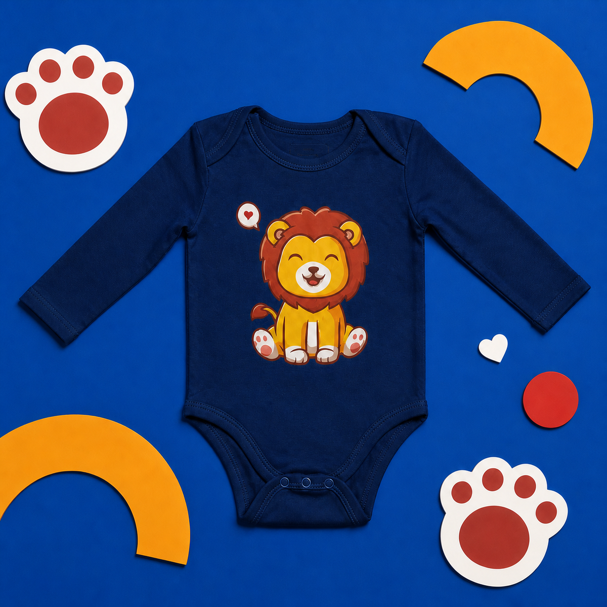 Kidz365 Navy Happy Lion Cub Graphic Long-Sleeve Baby Bodysuit - flatlay on royal blue surface with large white foam paw print props, golden yellow arch shape, red circle and white heart props showing navy long-sleeve bodysuit with centered happy seated golden lion cub graphic with red heart speech bubble, envelope lap shoulder neckline and 3-snap closure
