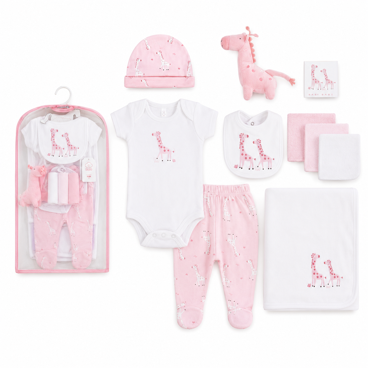 Baby Girls Pink Giraffe 7-Piece Layette Newborn Gift Set — Pink/White